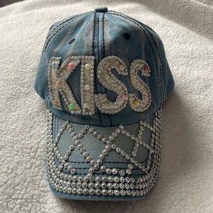 Women Hat Blue Denim Rhinestone’s Bling Cap “KISS” One Size Adjustable